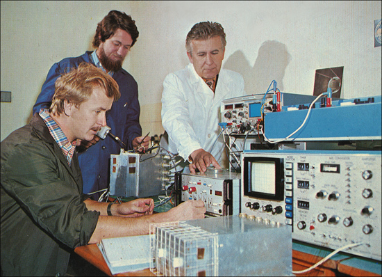 Space technology group of the Department (ca 1982, from left: Ján Matišin, Peter Lacko, Jozef Rojko)