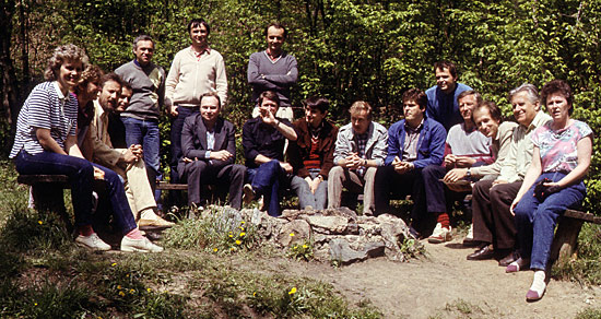  Full staff of the Department of Space Physics, Opátka-spring 1988. From left: Anna Tomičová, Viera Štrbinová, Tibor Ďuriš, Ronald Langer, Ladislav Just, Marián Slivka, Karel Kudela, Peter Lacko, Ivan Kimák, Ľudovít Juhász, Ján Matišin, Peter Sinčák, Ján Baláž, Milan Stehlík, Marcel Koško, Jozef Rojko, Jana Semanová. (Not present in this photo: Samuel Štefánik, Slavomír Podhradský.)