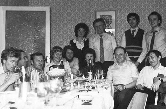  Birthday party 1984 (Jozef 50). From left: Ján Matišin, Laco Just, Milan Stehlík, Anna Tomičová, Peter Lacko, Eva Filčáková, Jana Semanová, Jozef Rojko, Karel Kudela, Marián Slivka, Ivan Kimák, Ján Pavlisko.