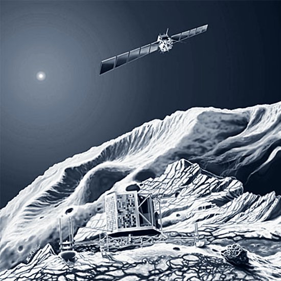  Philae ukotven na povrchu kometrneho jadra komunikuje s Orbiterom, ktor zostva na orbite okolo jadra. Umeleck vzia: ESA