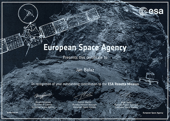  ESA Rosetta Certificate. (Proud to be part of a historic human accomplishment!)