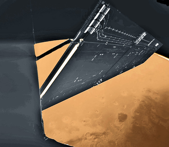 Prelet nad plantou Mars da 25.02.2007 vo vke 250.6 km nad reginom Mawrth Vallis. Fotografia kamerou Civa na palube Landera Philae. Foto: ESA