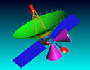 The SPECTRUM-RadioAstron satellite, the diameter of radioastronomical dish antenna is 10m. The magenta-color cones show the MEP-2 fields of view.