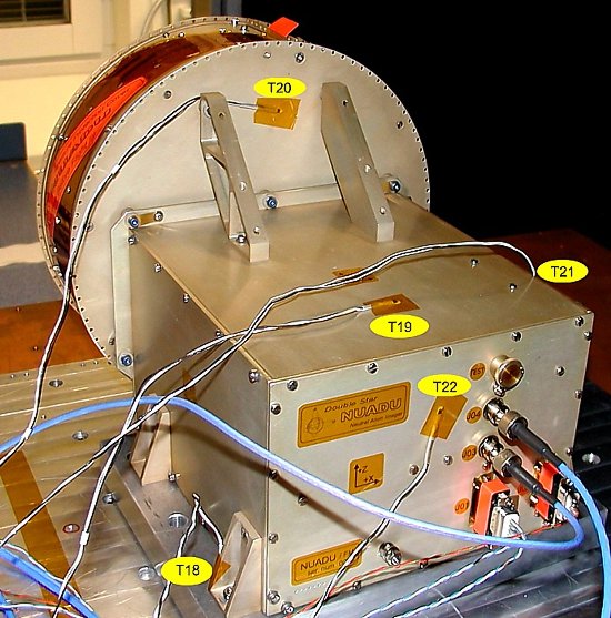 Kvalifikan testy: Termovkuov test v simultore kozmickho prostredia (IRF-Kiruna, vdsko). Rozmiestnenie tepelnch senzorov.