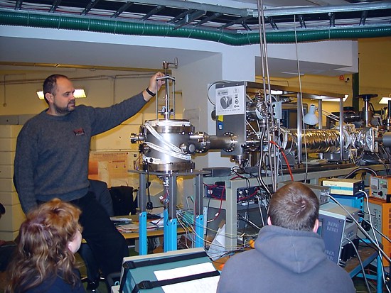 Calibration with an energetic neutral atom beam at Manne Siegbahn Laboratory, Stockholm, Sweden. Manipulation of the sensor head to expose all 16 detectors with ENA beam.