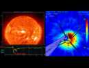 Vpravo: Magnetosférický prstencový prúd ako ho zaznamenal NUADU počas mimoriadne silnej magnetickej búrky 8. novembra 2004. (dáta STIL & JHU-APL) <br>Vľavo: Rozbúrené Slnko (snímka SOHO) a Dst index v novembri 2004 (Kyoto University).
