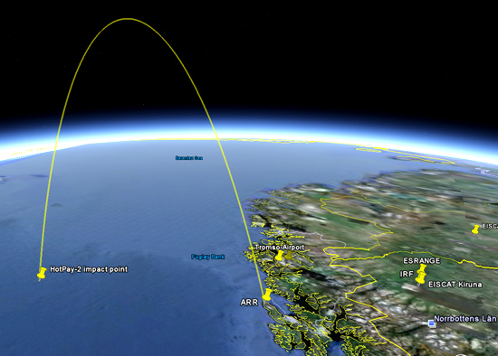  Letov trajektria HotPay2, max. vka 380 km, vzdialenos dopadu 344 km.